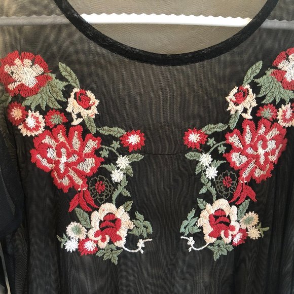 Sheer Long Zara Mesh Black Embroidered Floral Midi Dress, new - Picture 8 of 10